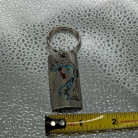 Navajo Sterling Tone And Turquoise Inlay KeyRing Tribal Dancer Key Chain Signed - Picture 4 of 7